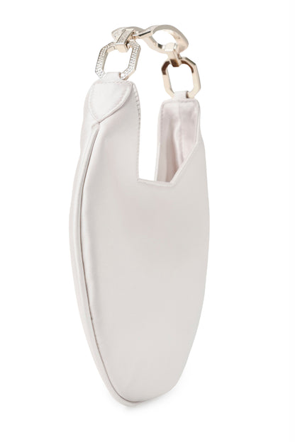 Satin, crescent shaped small evening bag with diamante pale gold metal handle in Pearl- side