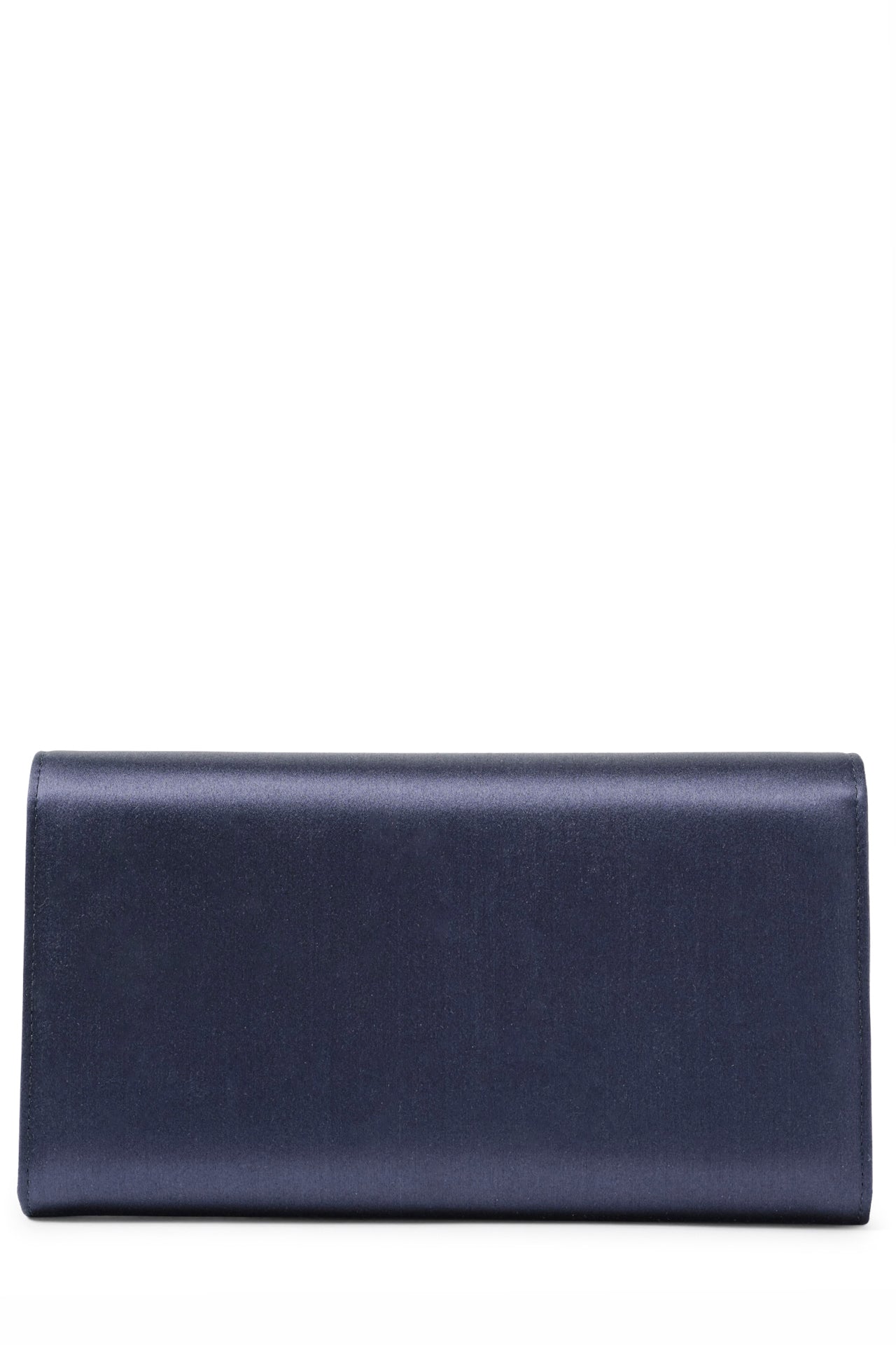 Satin evening envelope clutch with snap closure and gold optional strap in Navy- back