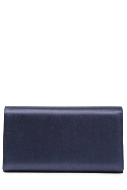 Satin evening envelope clutch with snap closure and gold optional strap in Navy- back