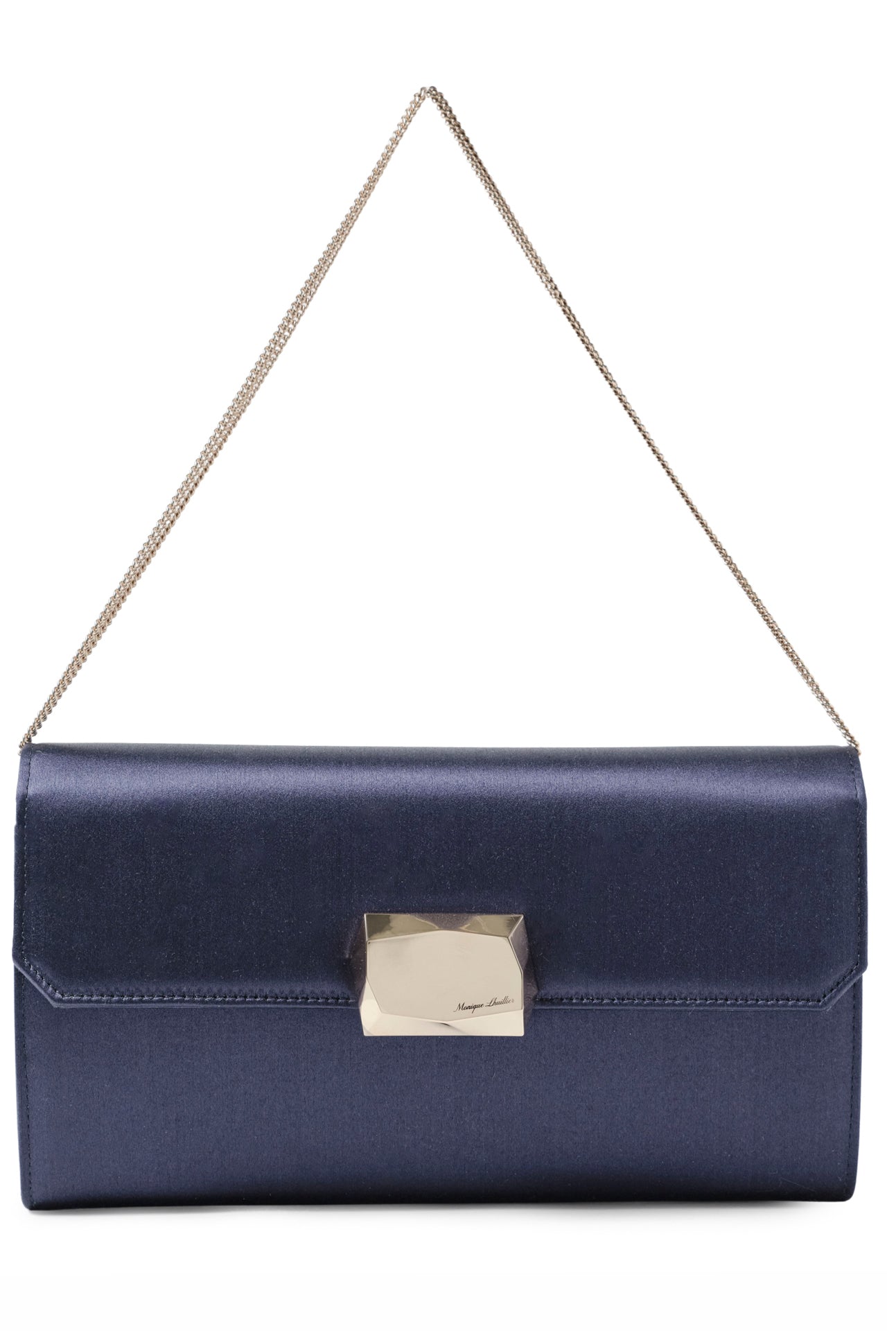 Satin evening envelope clutch with snap closure and gold optional strap in Navy- front with chain strap