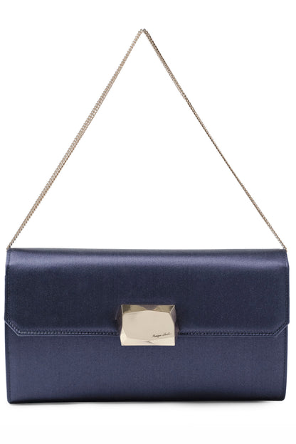 Satin evening envelope clutch with snap closure and gold optional strap in Navy- front with chain strap