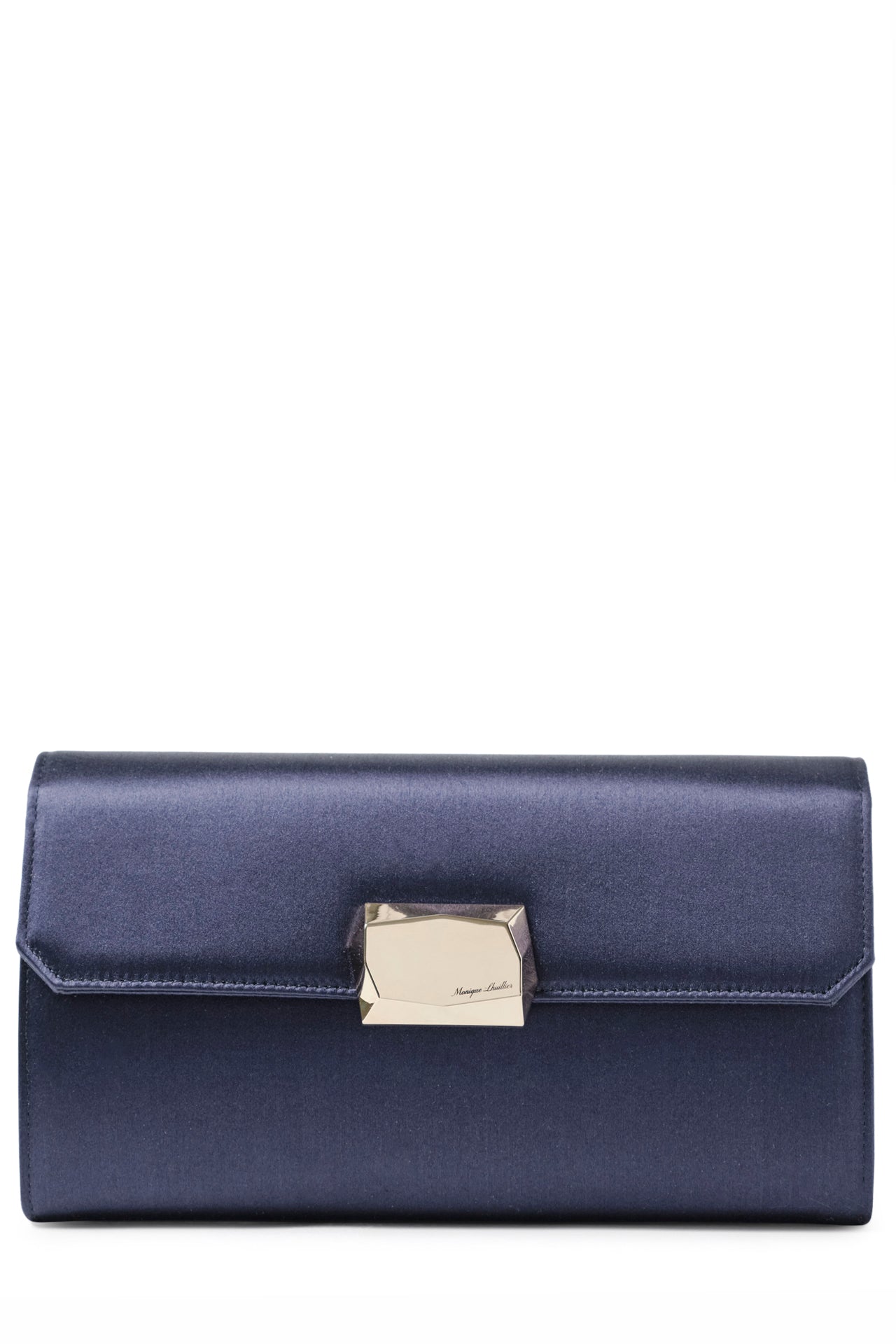 Satin evening envelope clutch with snap closure and gold optional strap in Navy- front