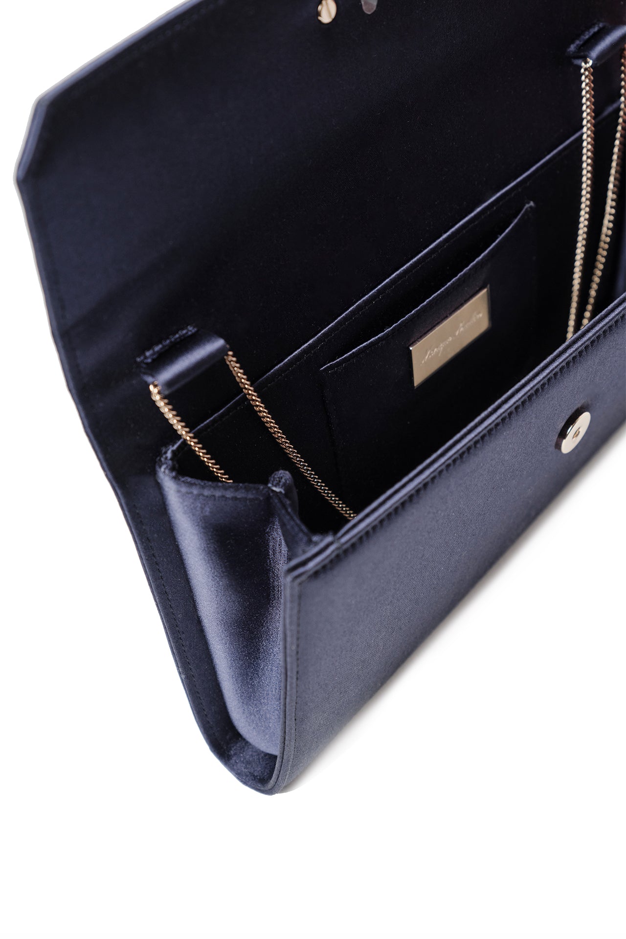 Satin evening envelope clutch with snap closure and gold optional strap in Navy- inner detail