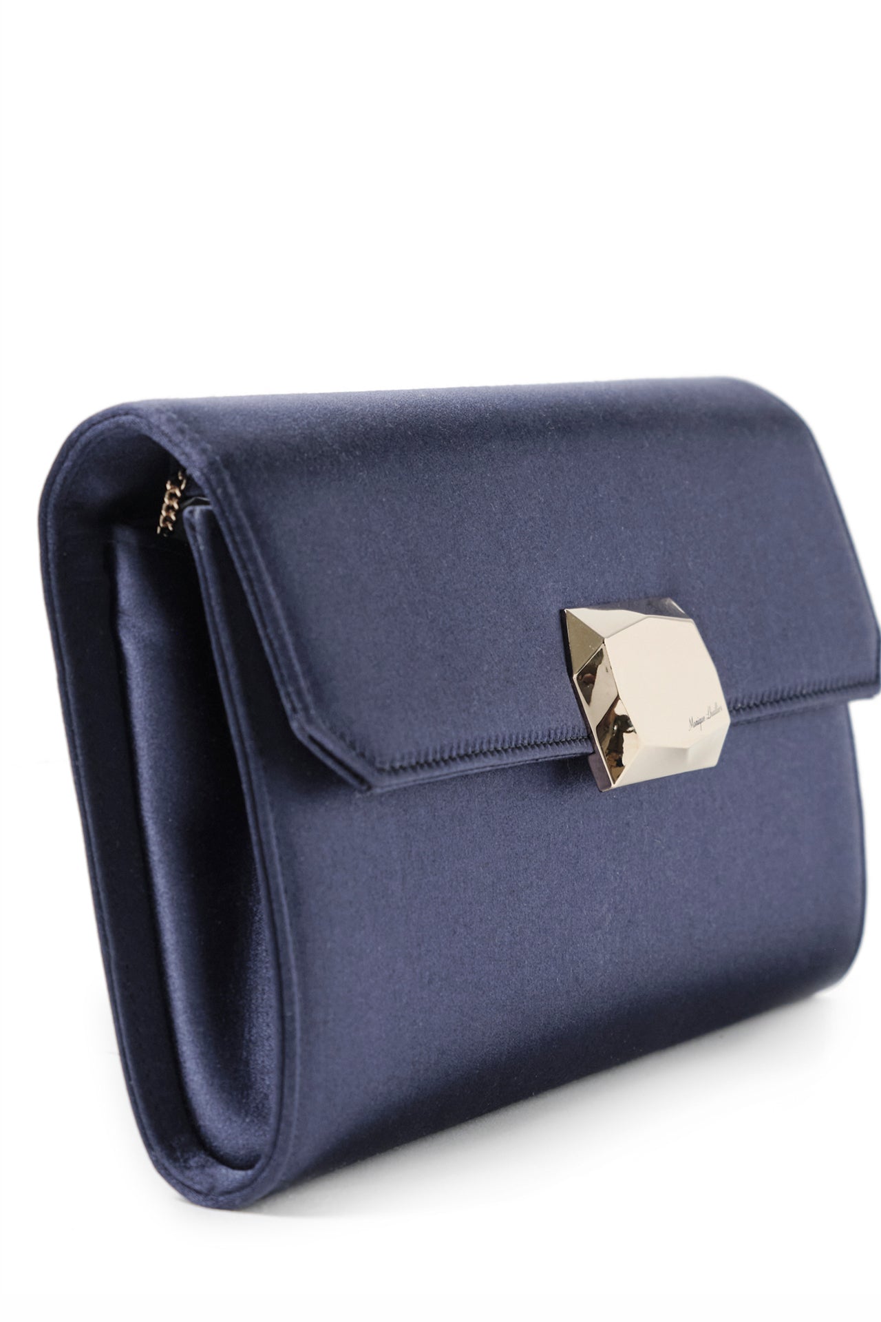 Satin evening envelope clutch with snap closure and gold optional strap in Navy- side