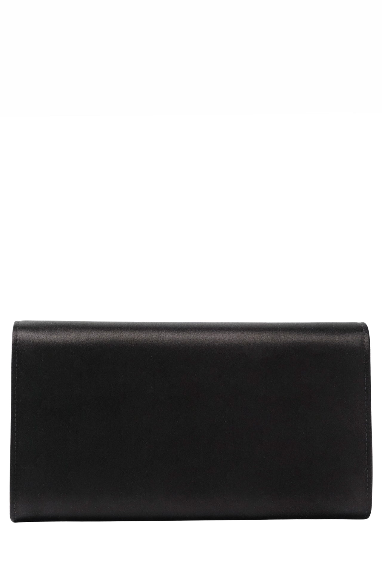 Satin evening envelope clutch with snap closure and gold optional strap in Noir- back