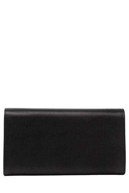 Satin evening envelope clutch with snap closure and gold optional strap in Noir- back