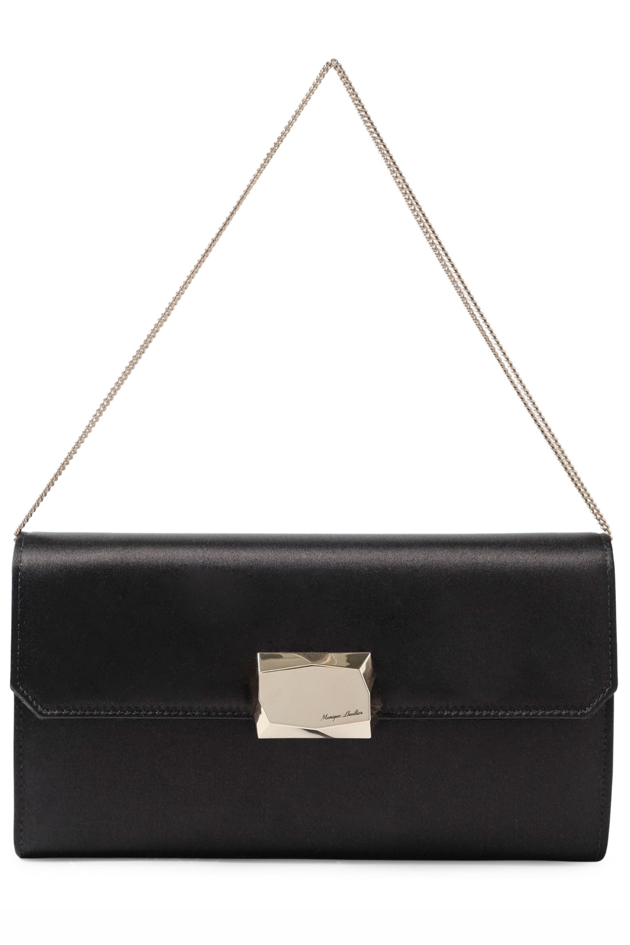 Satin evening envelope clutch with snap closure and gold optional strap in Noir- front with chain strap