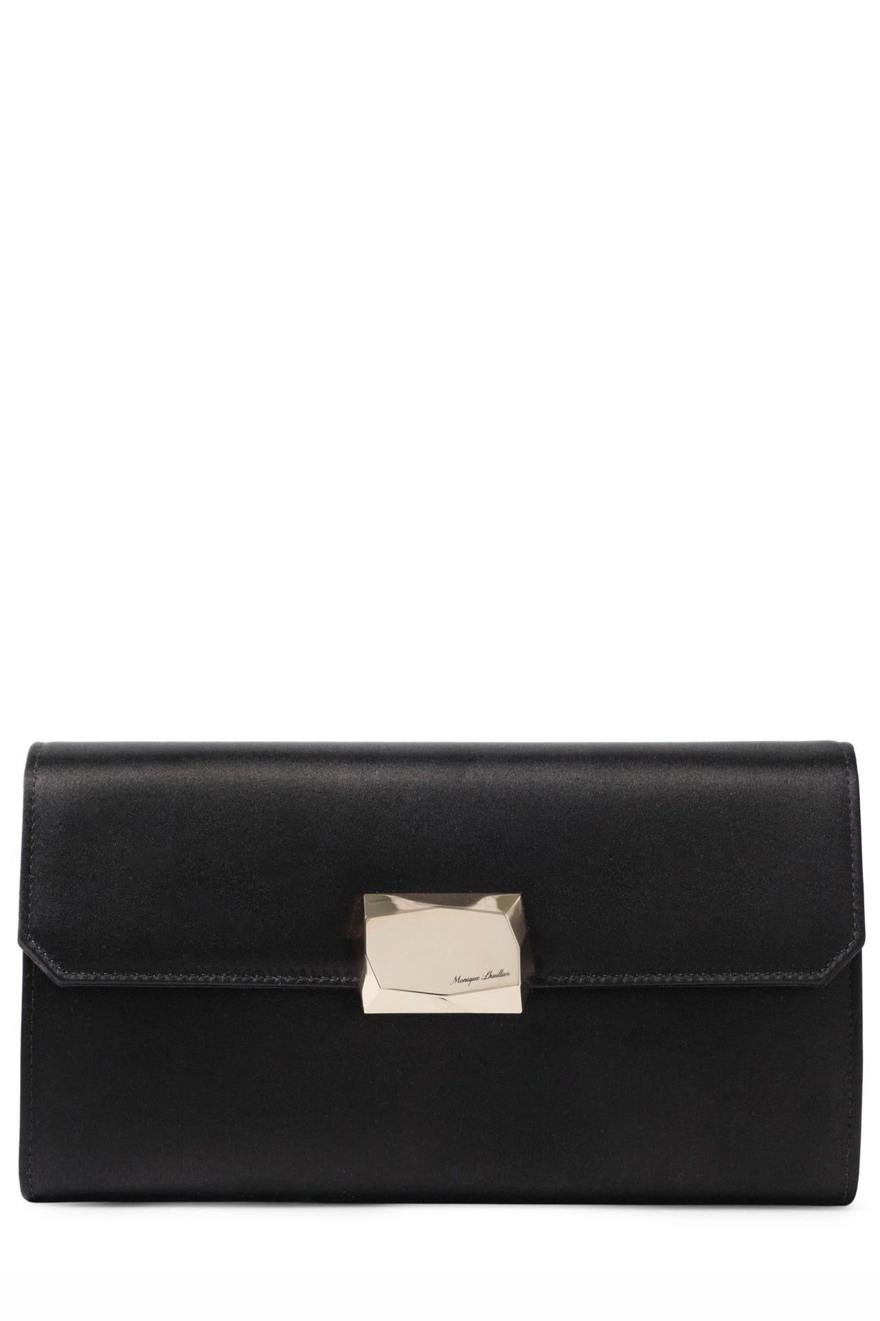 Satin evening envelope clutch with snap closure and gold optional strap in Noir- front