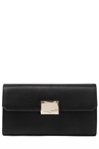 Satin evening envelope clutch with snap closure and gold optional strap in Noir- front