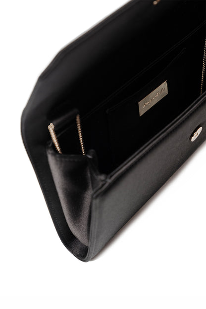 Satin evening envelope clutch with snap closure and gold optional strap in Noir- inner detail