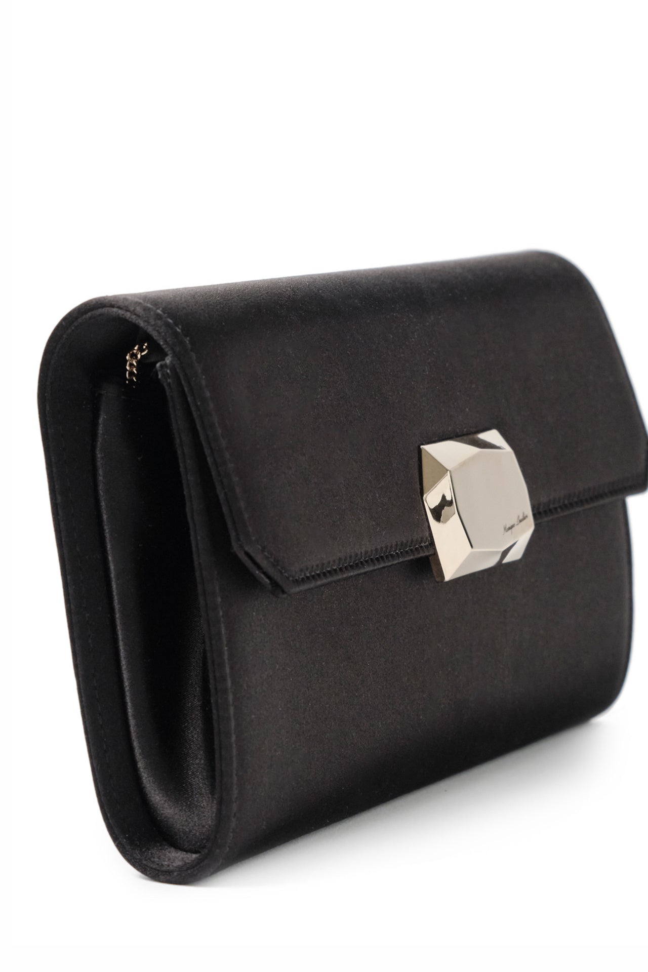 Satin evening envelope clutch with snap closure and gold optional strap in Noir- side