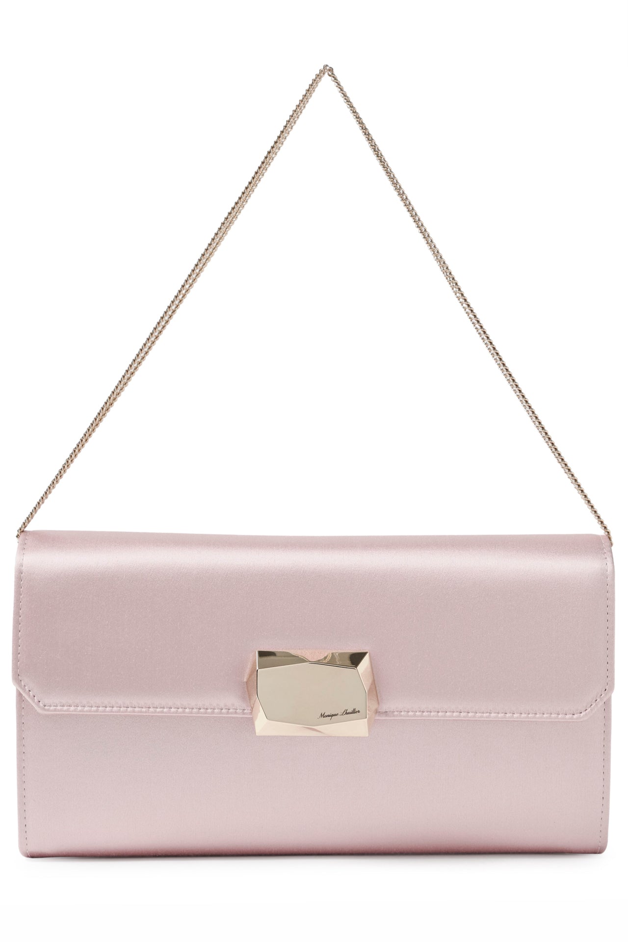 Satin evening envelope clutch with snap closure and gold optional strap in Pink- front with chain strap