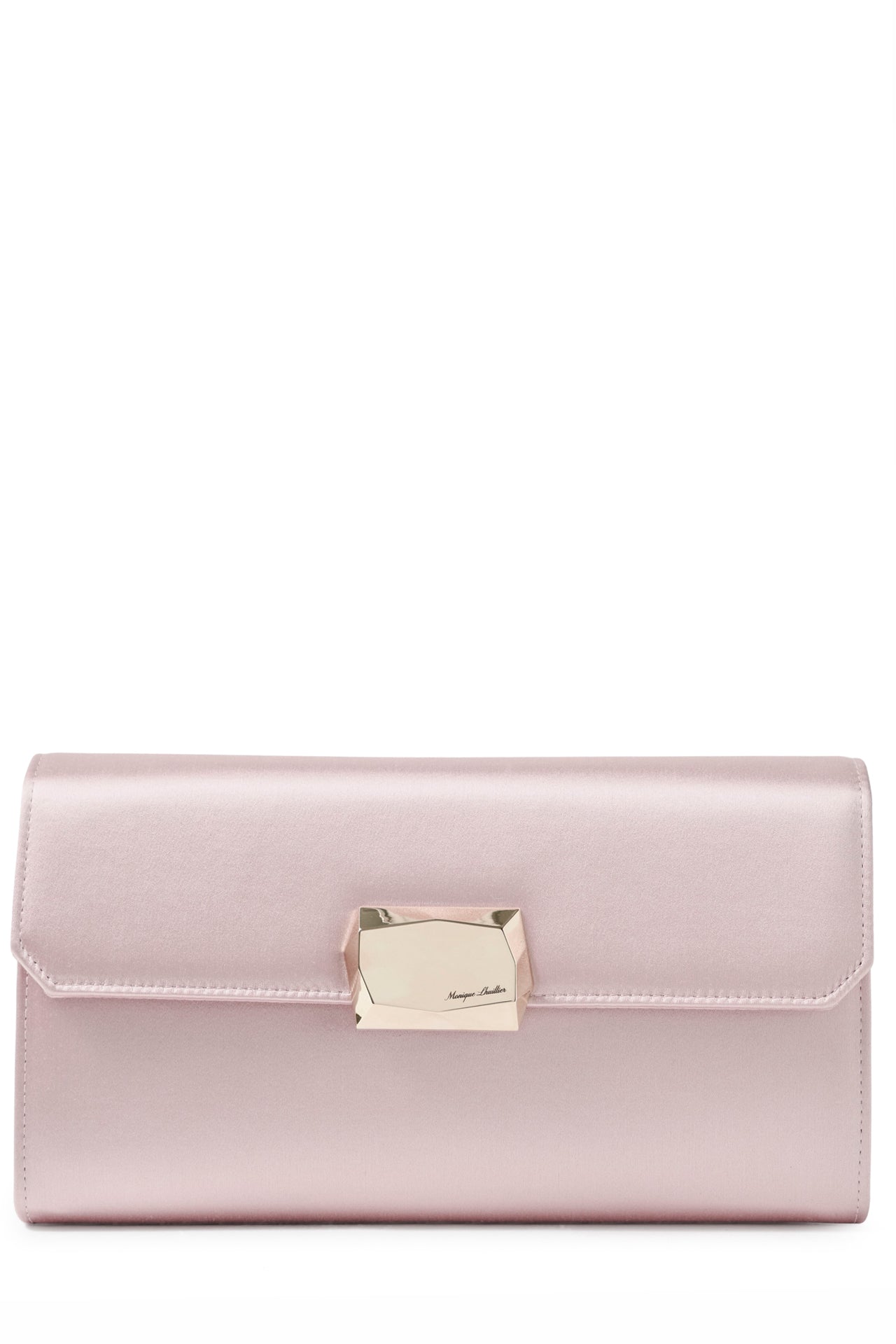 Satin evening envelope clutch with snap closure and gold optional strap in Pink- front