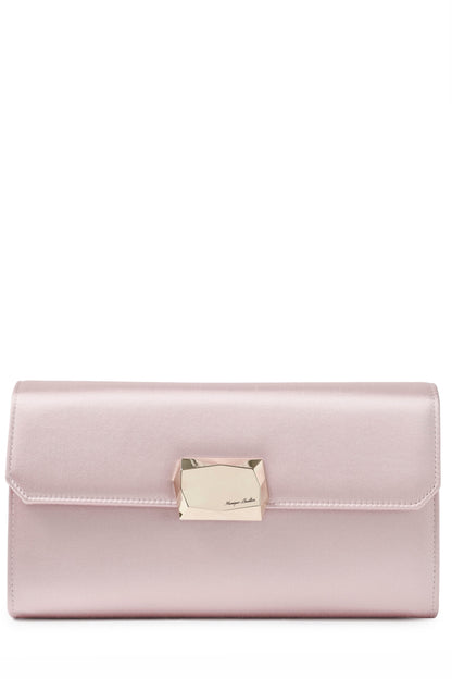 Satin evening envelope clutch with snap closure and gold optional strap in Pink- front