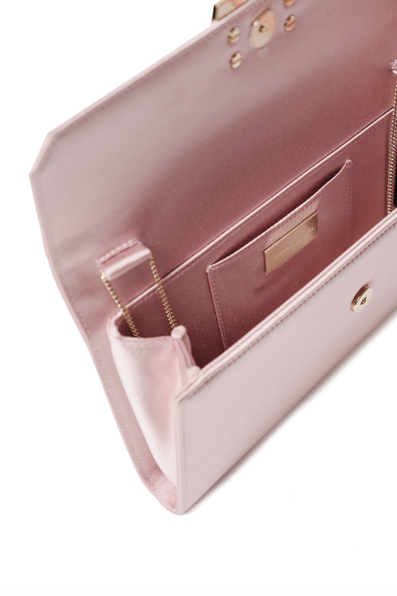 Satin evening envelope clutch with snap closure and gold optional strap in Pink- inner detail