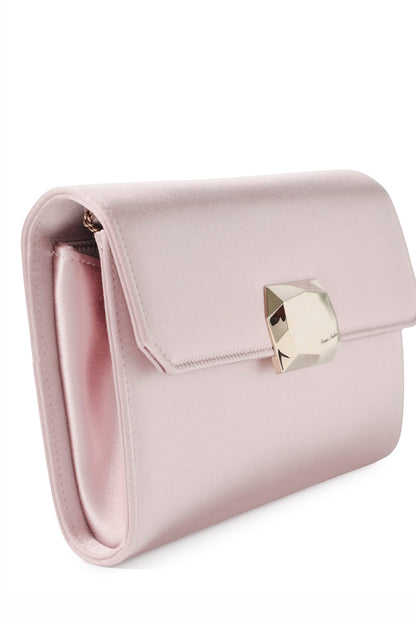 Satin evening envelope clutch with snap closure and gold optional strap in Pink- side