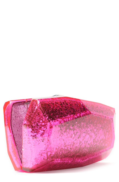 Monique Lhuillier lucite faceted minaudière handbag in Fuchsia Glitter with detachable chain - open.