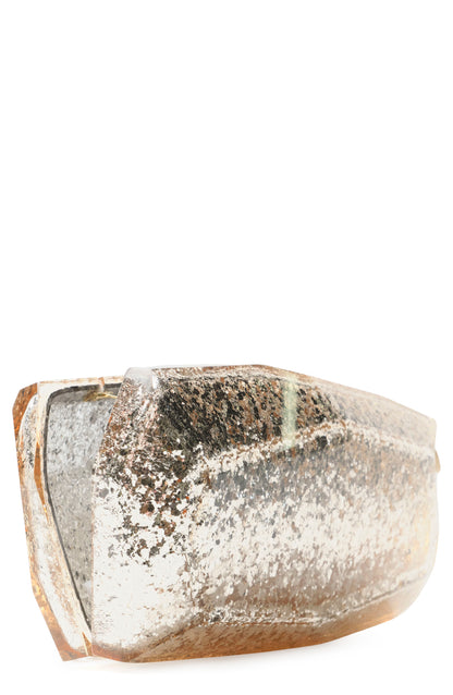 Monique Lhuillier lucite faceted minaudière handbag in Champagne Glitter with detachable chain - open.