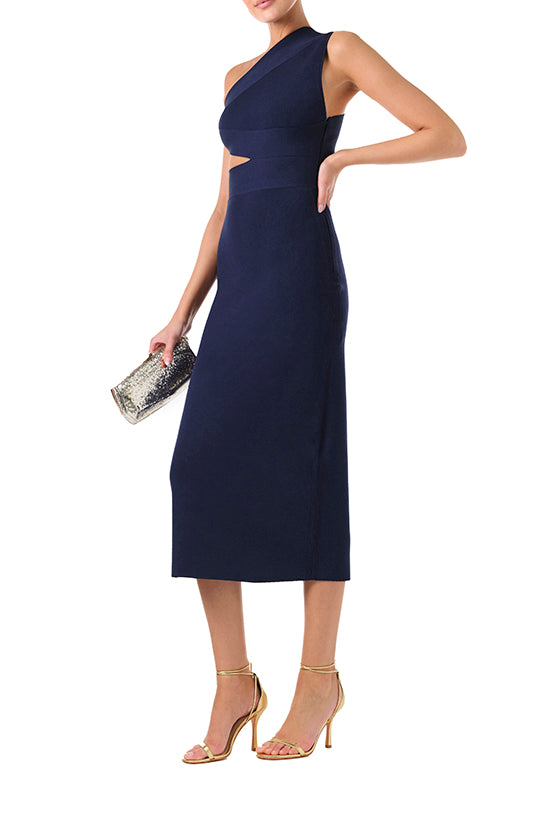Monique Lhuillier Fall 2024 one shoulder, navy knit midi dress with side midriff and back cutouts - left side.