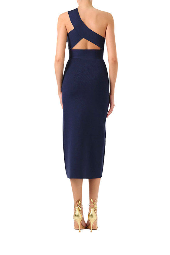 Monique Lhuillier Fall 2024 one shoulder, navy knit midi dress with side midriff and back cutouts - back.