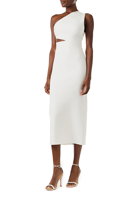 Monique Lhuillier Fall 2024 one shoulder, silk white knit midi dress with side midriff and back cutouts - side.