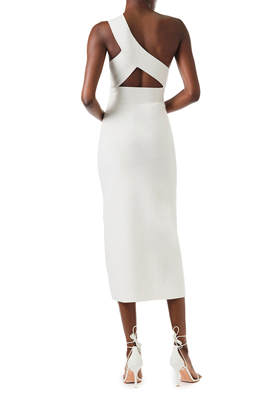 Monique Lhuillier Fall 2024 one shoulder, silk white knit midi dress with side midriff and back cutouts - back.