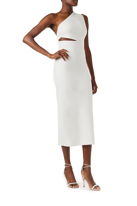 Monique Lhuillier Fall 2024 one shoulder, silk white knit midi dress with side midriff and back cutouts - right side cutout.