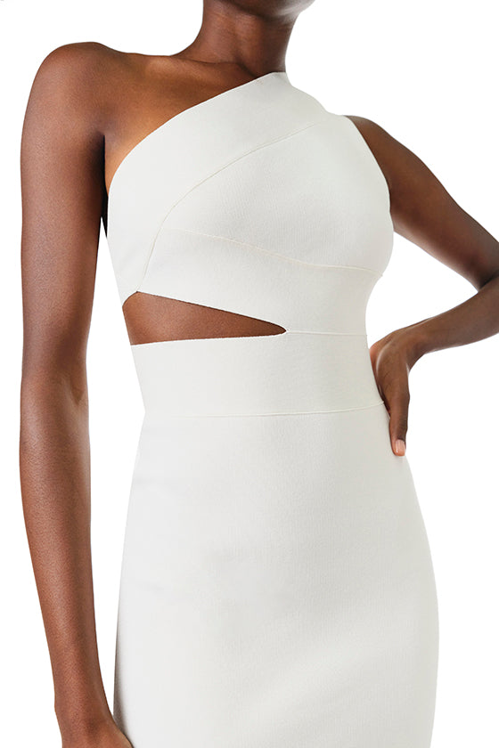 Monique Lhuillier Fall 2024 one shoulder, silk white knit midi dress with side midriff and back cutouts - cutout.