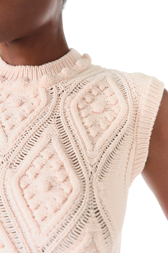 Monique Lhuillier Fall 2024 sleeveless, bobble crop tank in pale blush wool cable knit - detail.