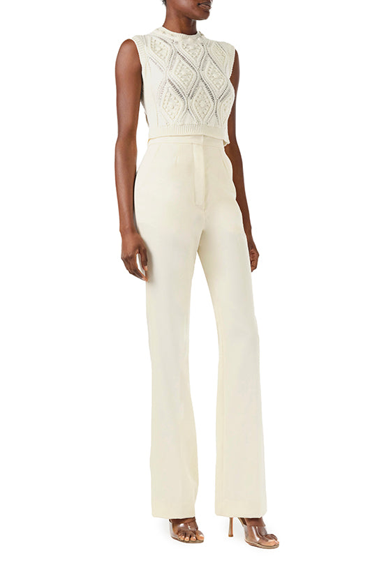 Monique Lhuillier Fall 2024 sleeveless, bobble crop tank in Creme wool cable knit - side.