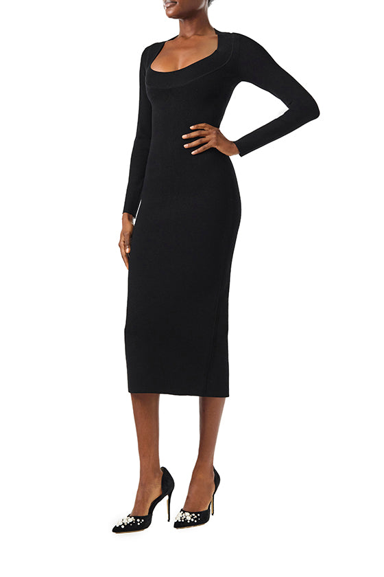 Monique Lhuillier Fall 2024 black knit midi dress with scoop neck and long sleeves - left side.