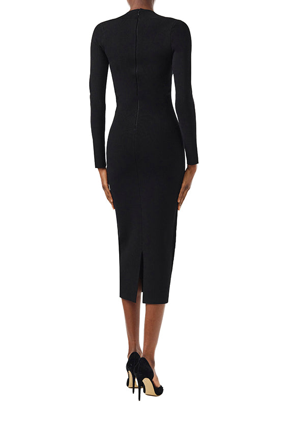 Monique Lhuillier Fall 2024 black knit midi dress with scoop neck and long sleeves - back.