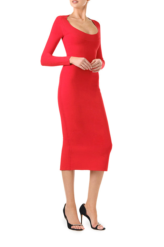 Monique Lhuillier Fall 2024 scarlet red knit midi dress with scoop neck and long sleeves - right side.