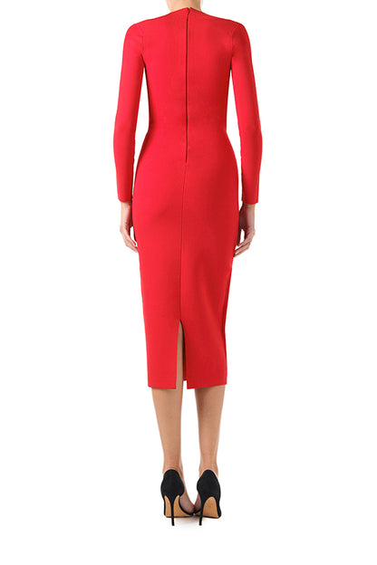 Monique Lhuillier Fall 2024 scarlet red knit midi dress with scoop neck and long sleeves - back.