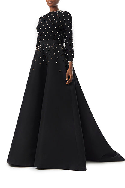 Monique Lhuillier Fall 2024 Noir Faille ball skirt with degrade pearl embroidery - left side.