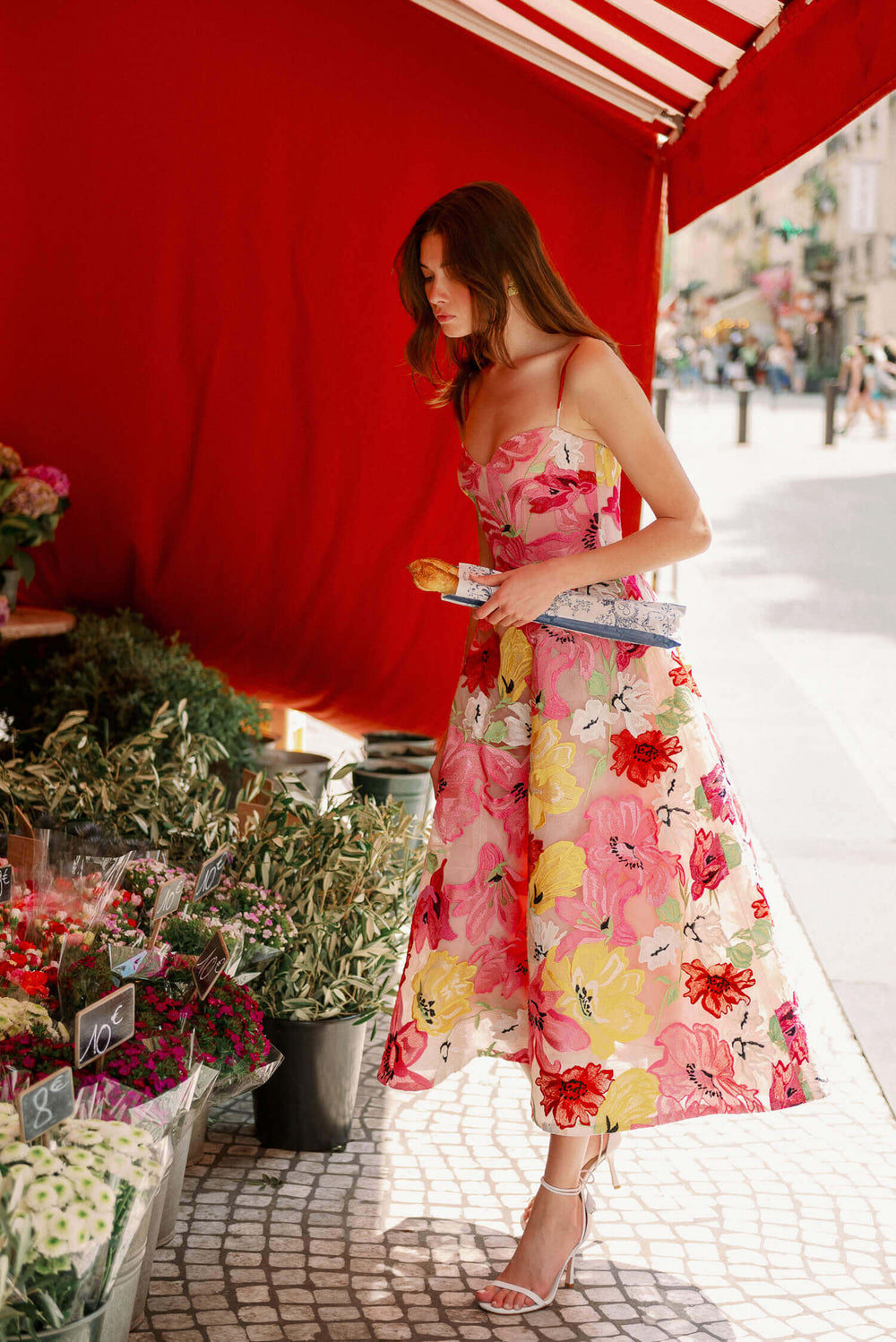 Monique Lhuillier Spring 2024 tea length dress with sweetheart neckline and spaghetti straps in raspberry yellow floral embroidery - floral shop.