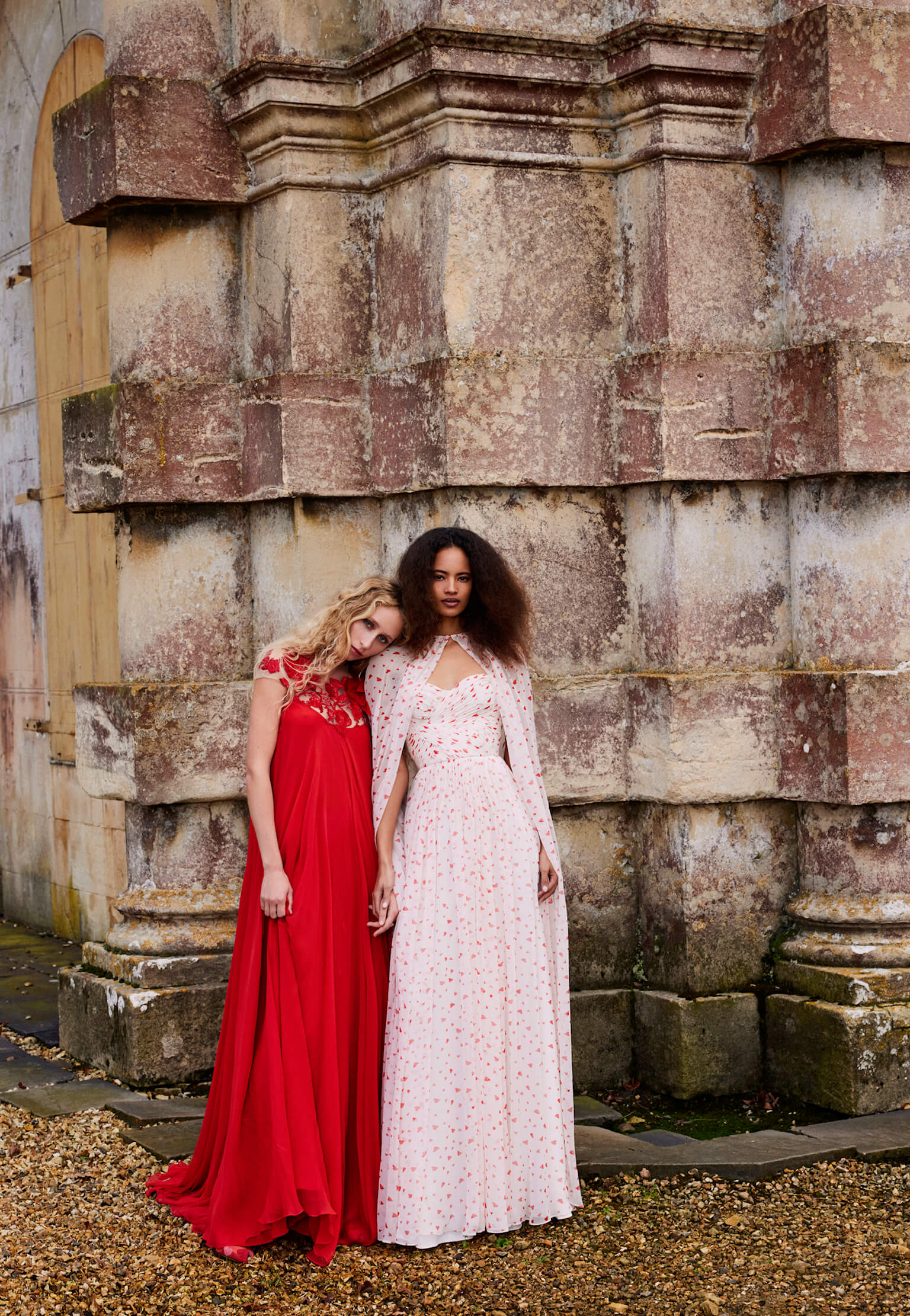 Monique Lhuillier Fall 2024 strapless chiffon gown with gathered sweetheart bodice in heart printed chiffon fabric - lookbook.