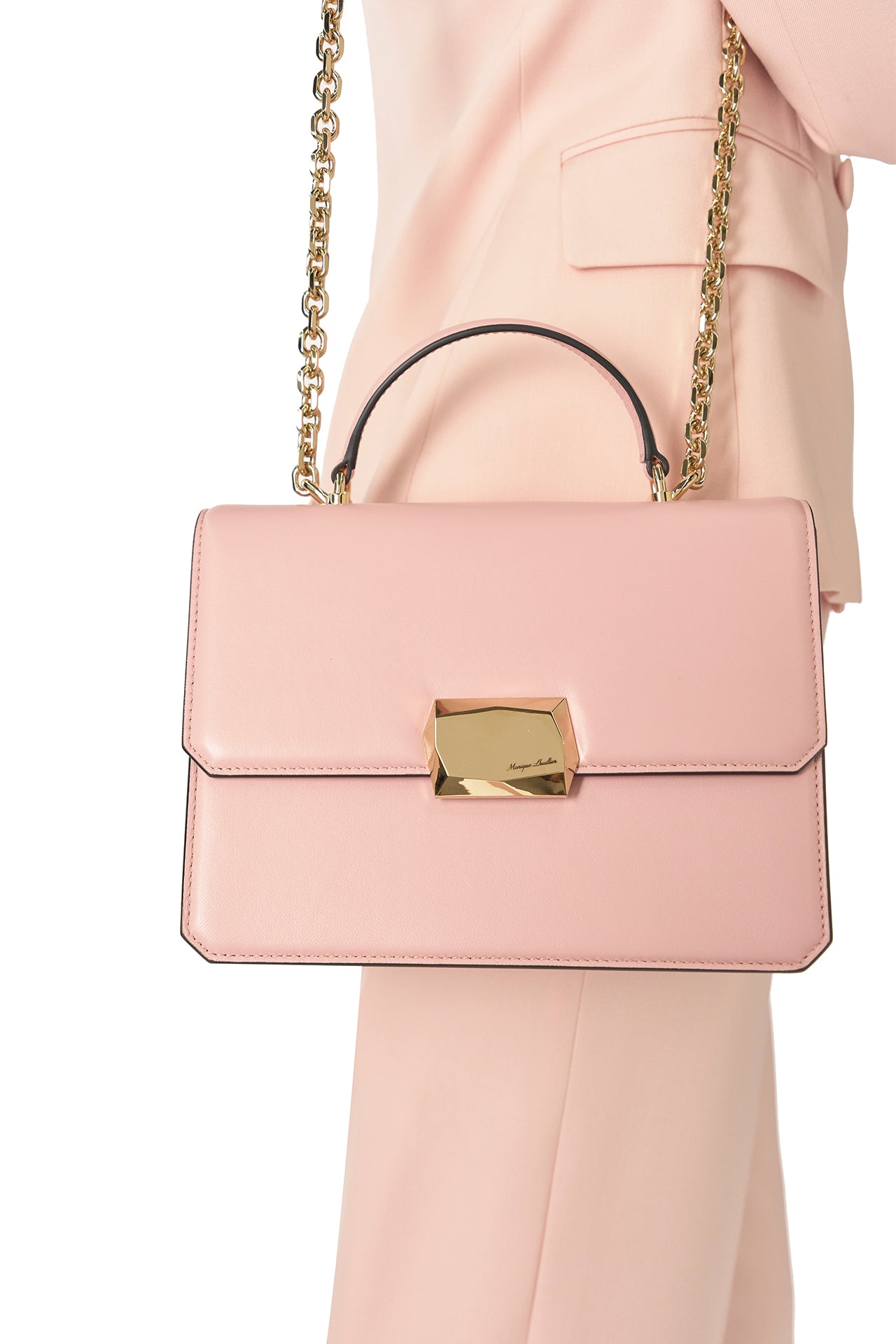 Nappa leather top handle shoulder bag with light gold-tone chain strap in Blush- modeled