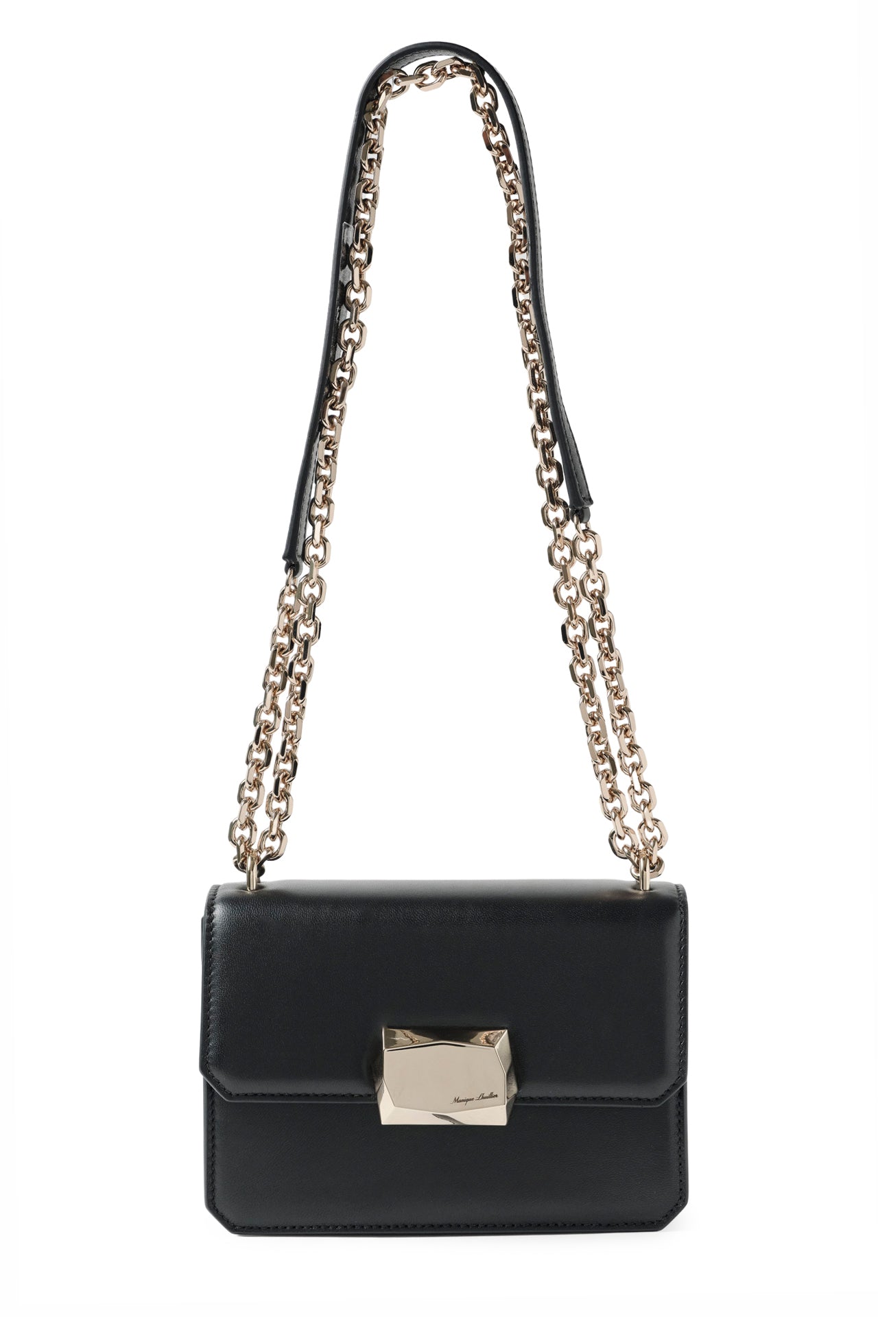 Nappa leather mini shoulder bag with light gold-tone chain strap in Noir- front with double chain strap