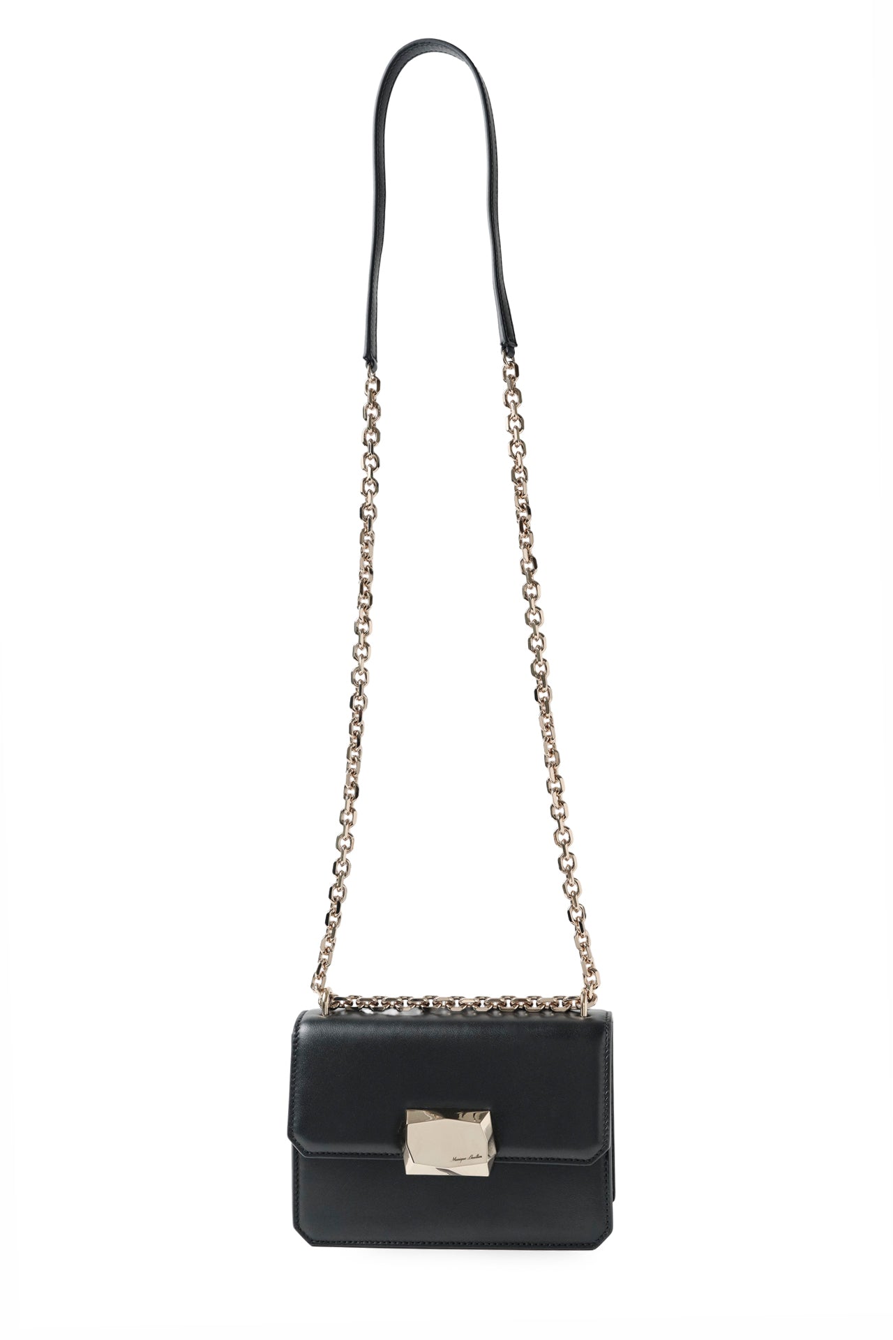 Nappa leather mini shoulder bag with light gold-tone chain strap in Noir- front with long chain strap