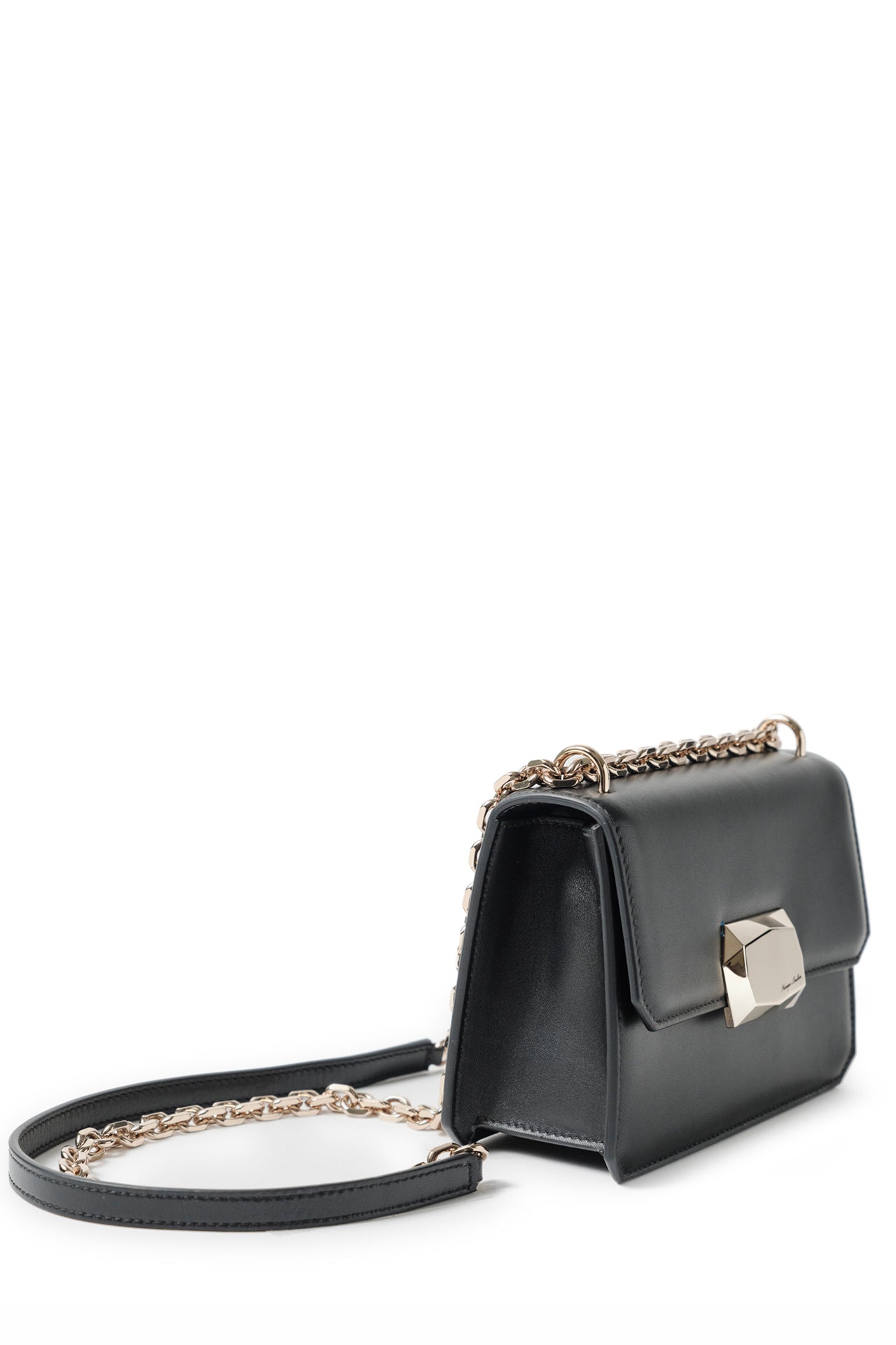 Nappa leather mini shoulder bag with light gold-tone chain strap in Noir- side