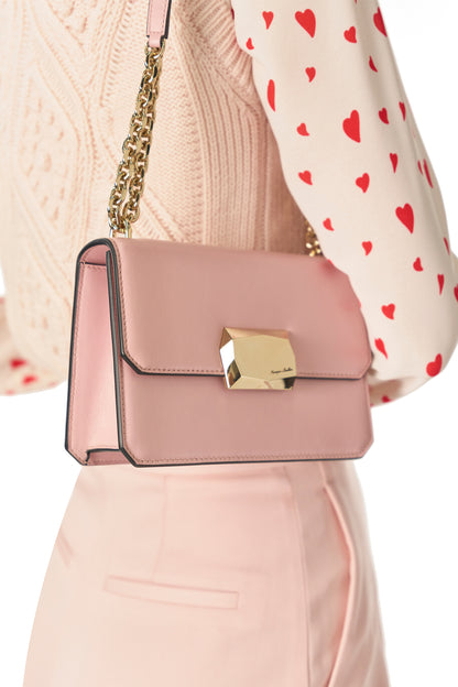 Nappa leather mini shoulder bag with light gold-tone chain strap in Blush- modeled