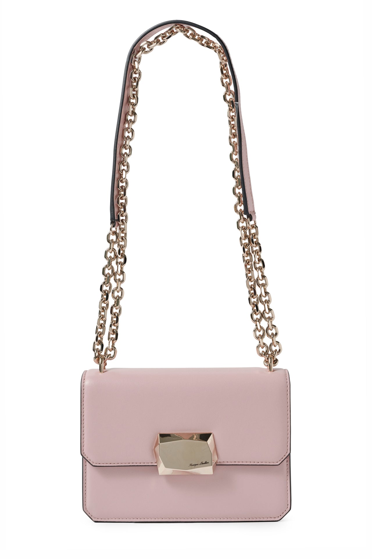 Nappa leather mini shoulder bag with light gold-tone chain strap in Blush-front with double chain strap