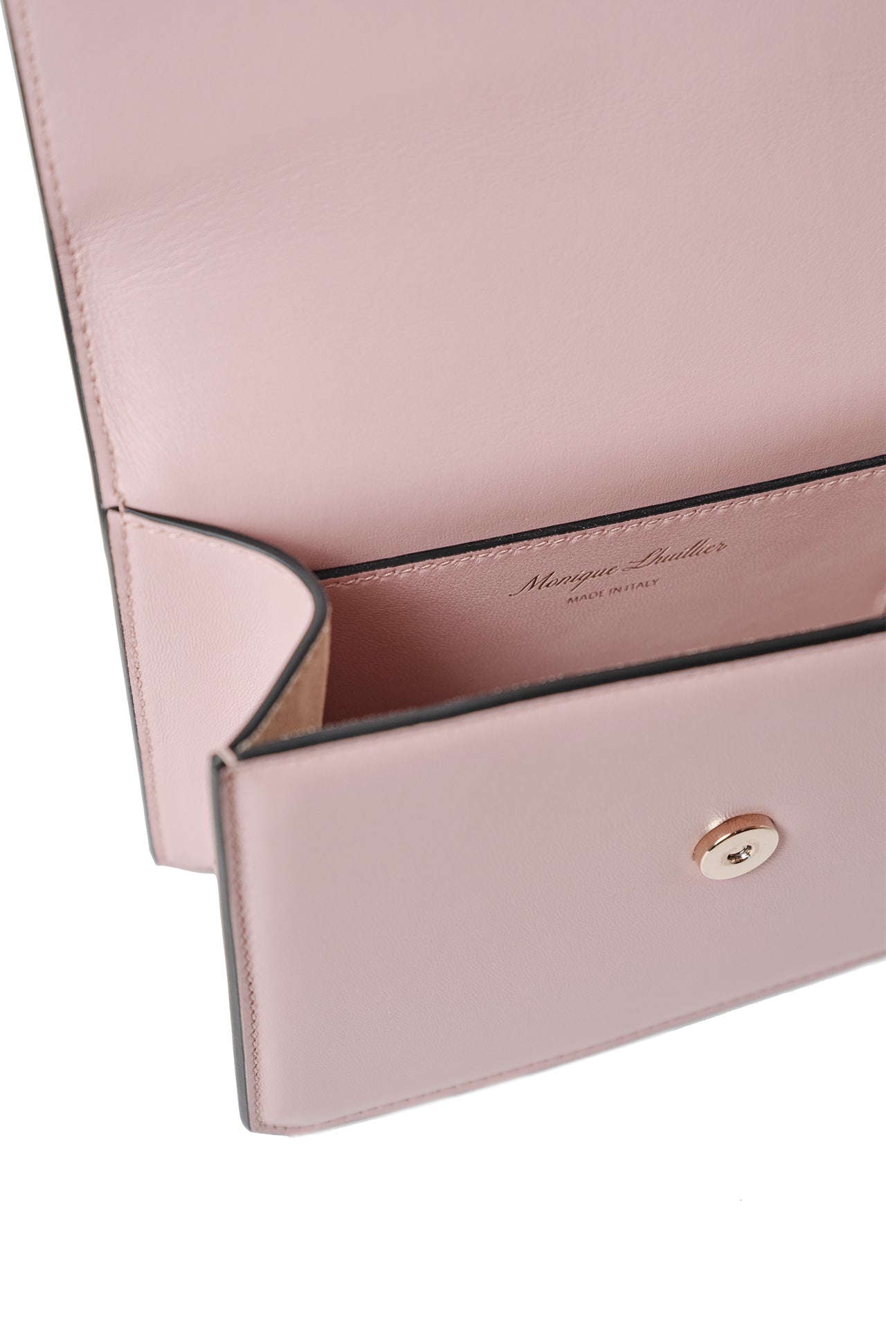 Nappa leather mini shoulder bag with light gold-tone chain strap in Blush- inner detail