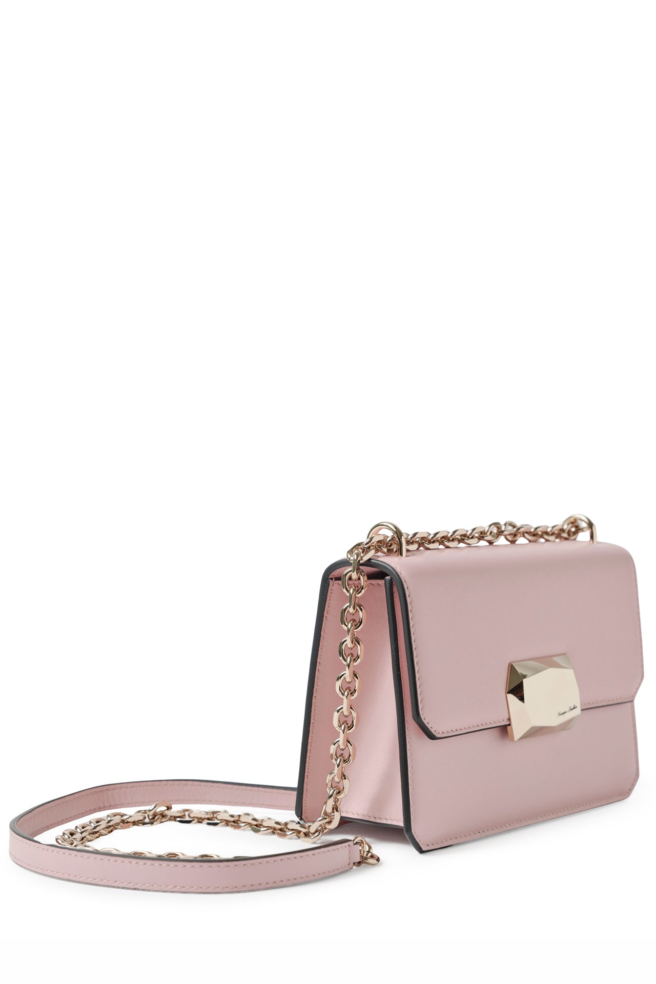 Nappa leather mini shoulder bag with light gold-tone chain strap in Blush- side