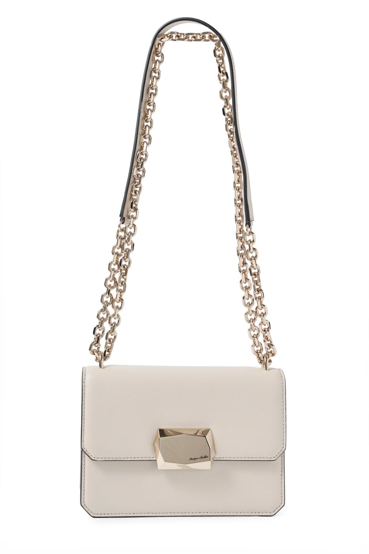 Nappa leather mini shoulder bag with light gold-tone chain strap in Cream- front with double chain strap