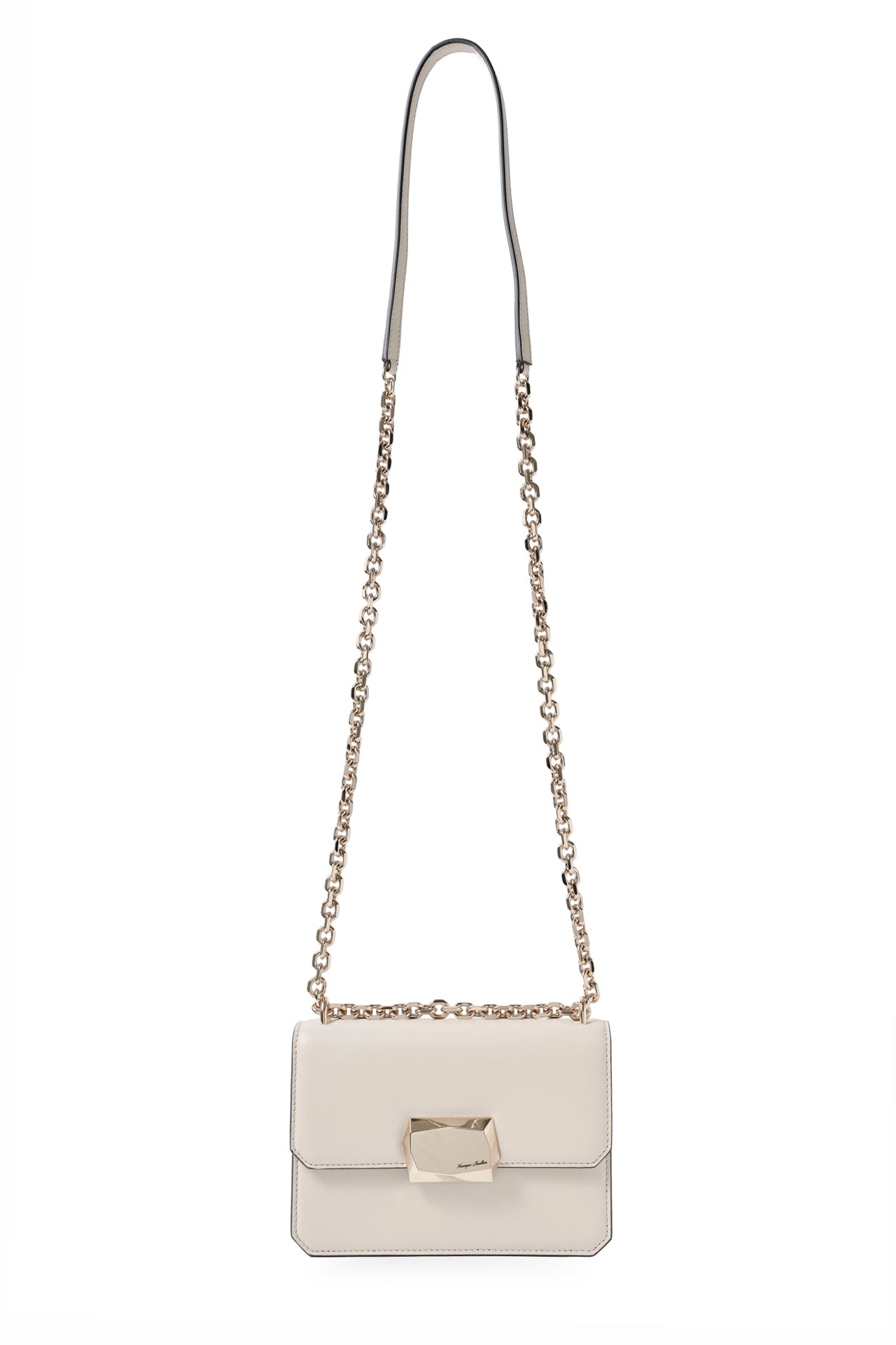 Nappa leather mini shoulder bag with light gold-tone chain strap in Cream- front with long chain strap