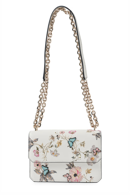 Tuileries printed mini leather shoulder bag with light gold-tone chain strap and three-dimensional laser cut butterflies- front with double chain strap