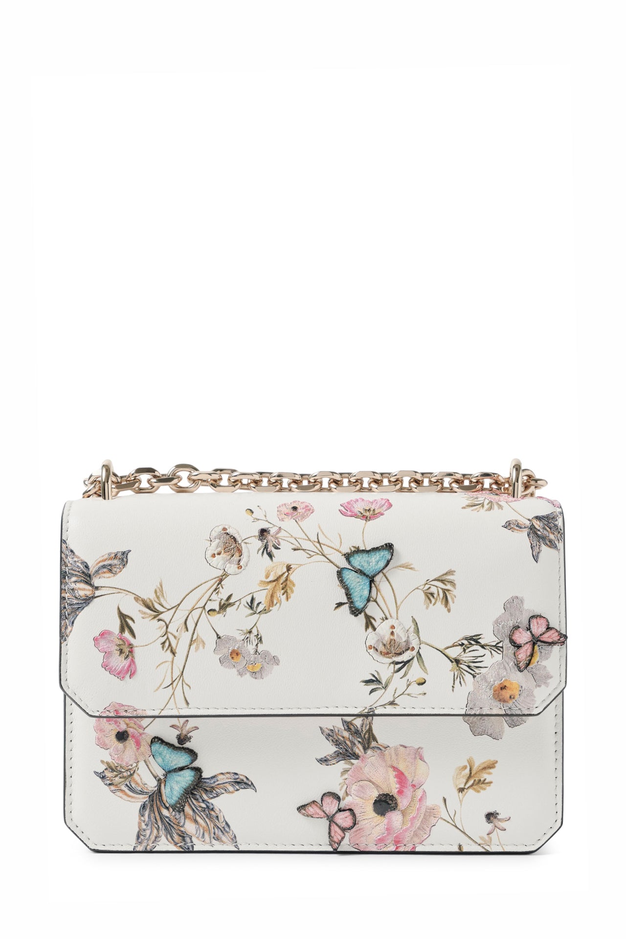 Tuileries printed mini leather shoulder bag with light gold-tone chain strap and three-dimensional laser cut butterflies- front