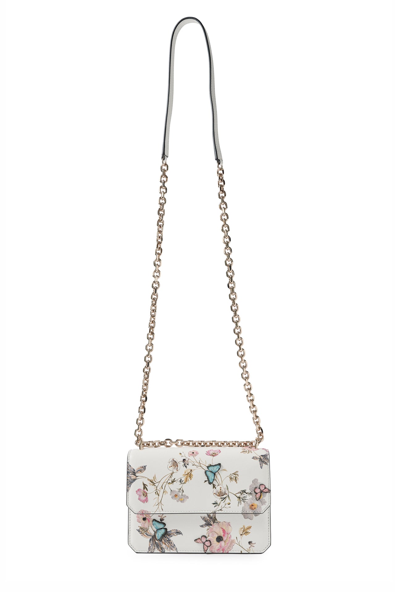 Tuileries printed mini leather shoulder bag with light gold-tone chain strap and three-dimensional laser cut butterflies- front with long chain strap